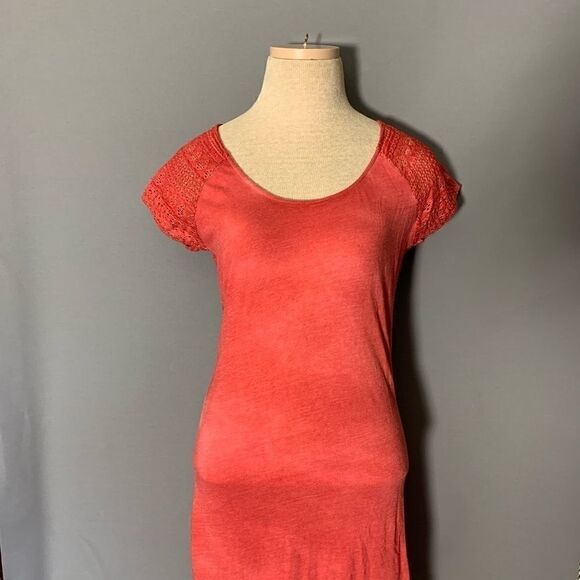 Red Maxi Dress Free People Bleach Dye Crocheted Lace Back Cotton Size Small - Picture 3 of 9